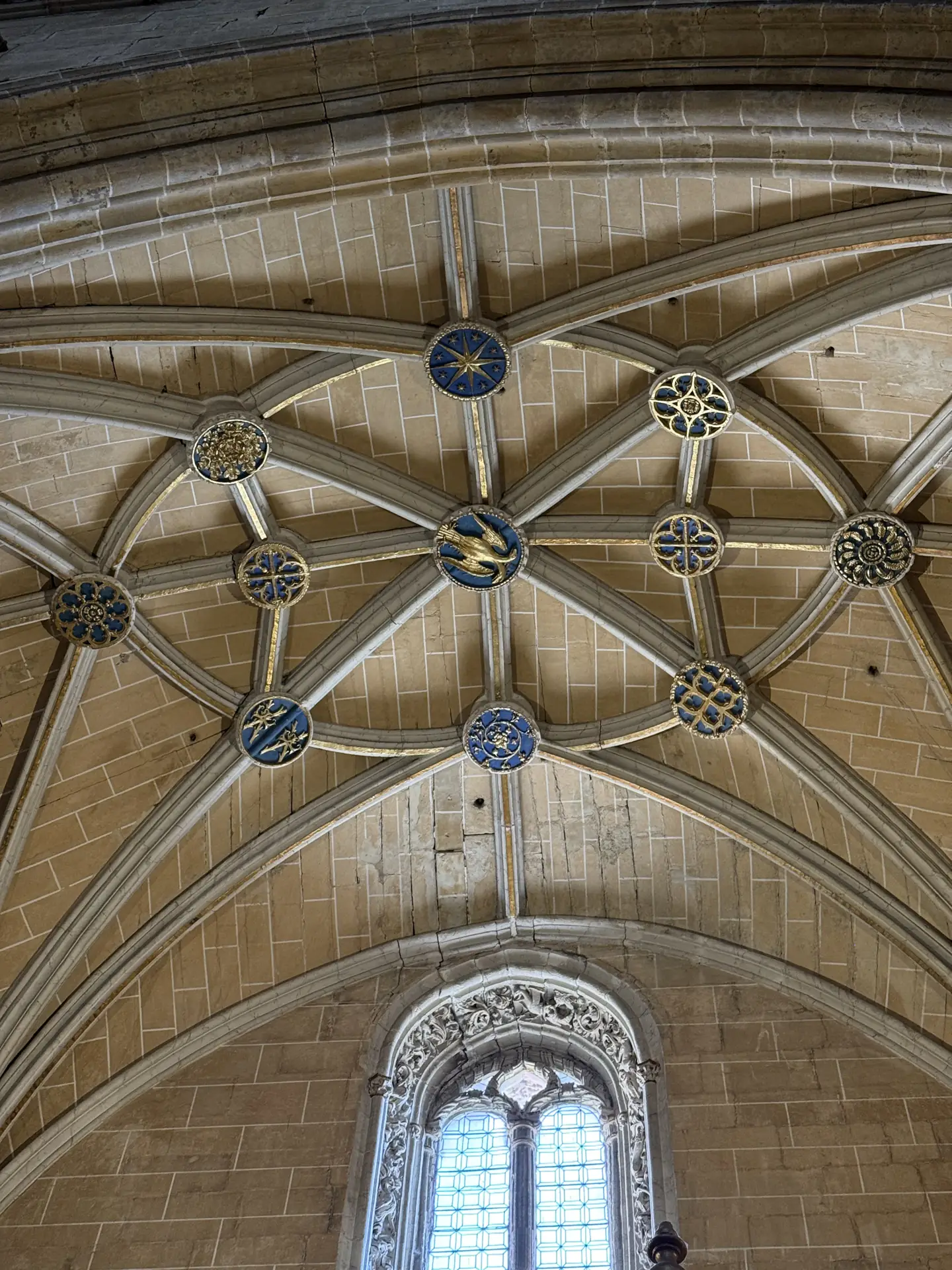 Bóveda de crucería estrellada de la Catedral Nueva de Salamanca con claves doradas sobre fondo azul (foto propia La Maleta Inquieta, junio 2026)