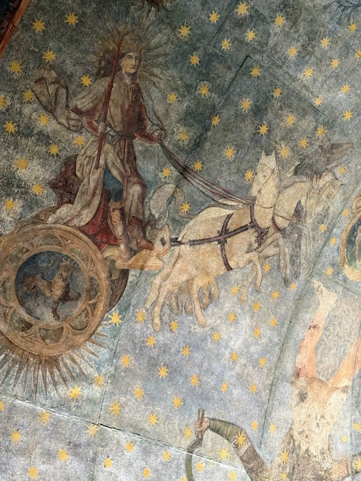 Figura mitológica sobre un carro representando una constelación en el fresco del Cielo de Salamanca (foto propia La Maleta Inquieta, primavera 2026)