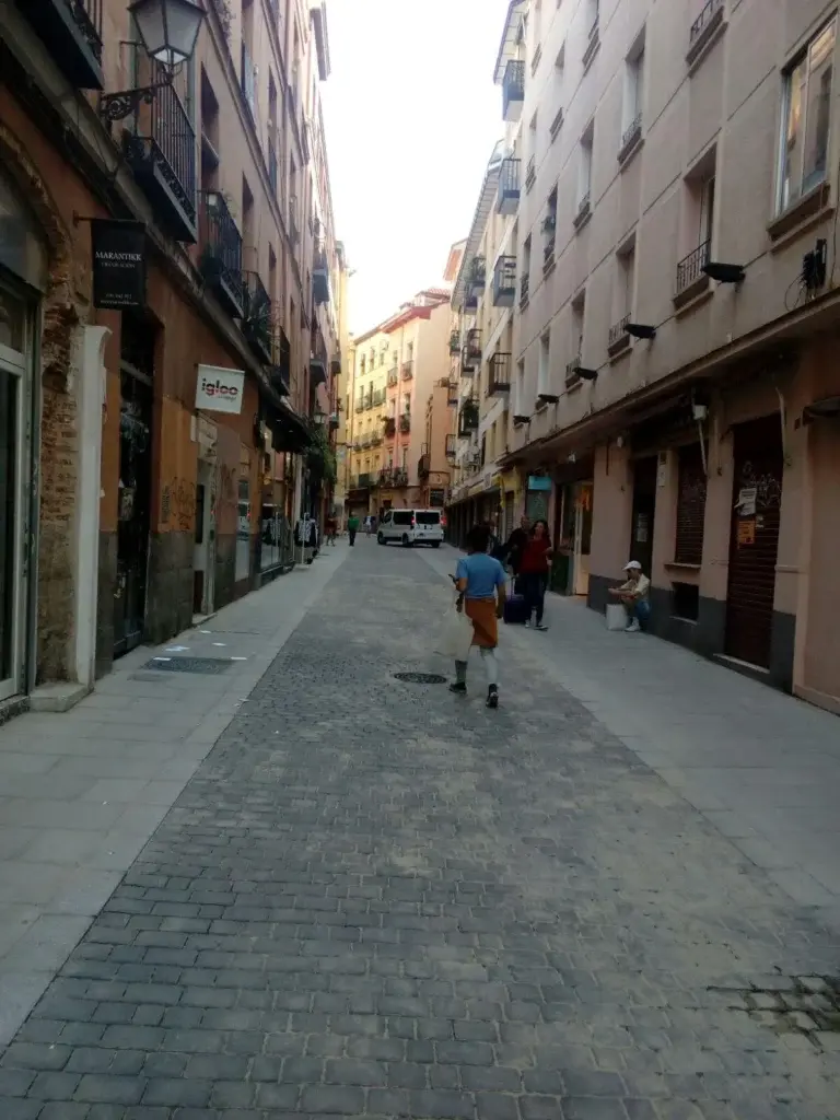 Calle empedrada en cuesta del barrio del Rastro de Madrid con gente paseando y comercios