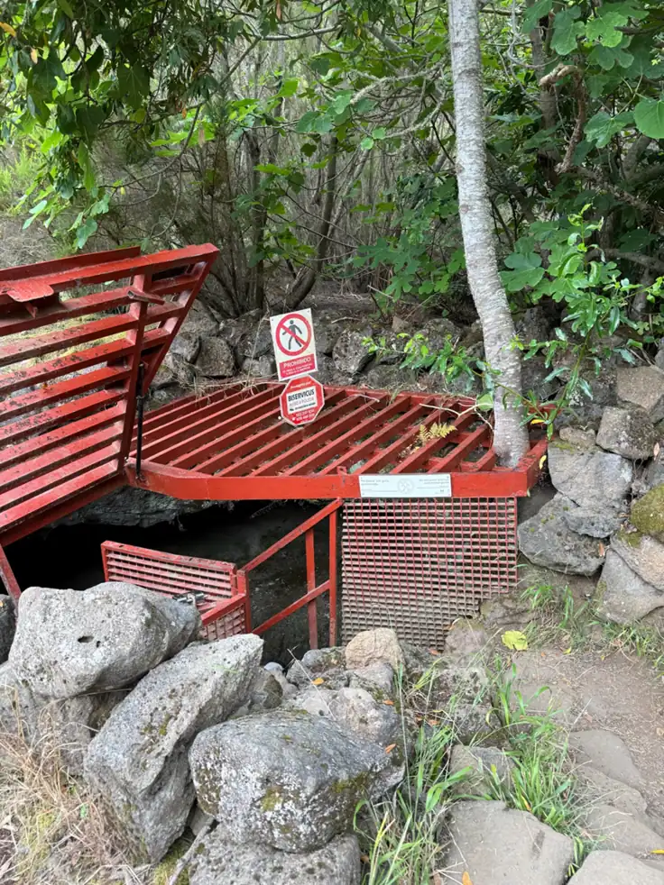 Entrada a la Cueva del Viento con pasarelas rojas metálicas entre el bosque. Foto propia La Maleta Inquieta, julio 2026.