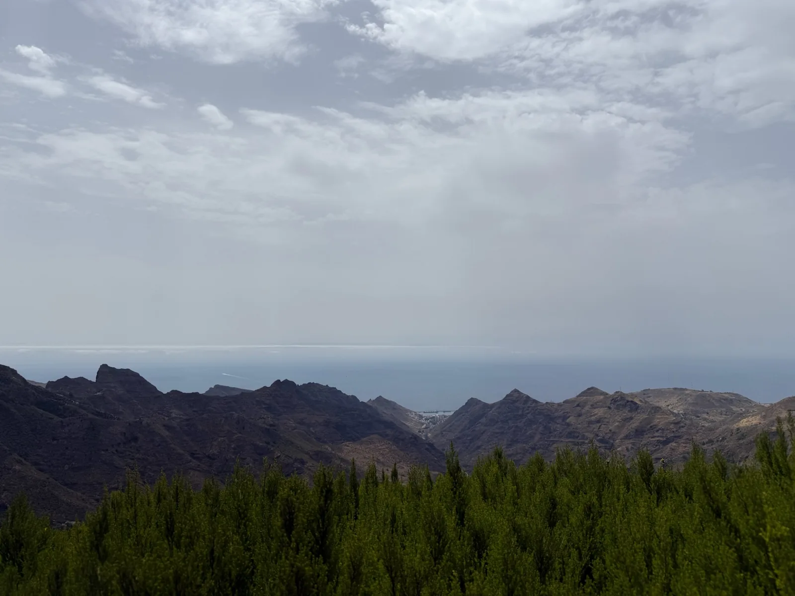 Montañas y pinar del macizo de Anaga descendiendo hacia la costa. Foto propia La Maleta Inquieta, agosto 2026.