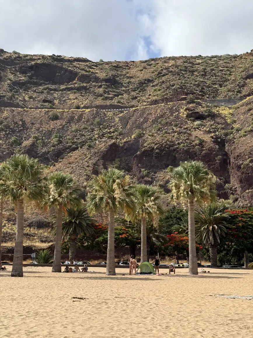 Arena dorada y palmeras de la playa de Las Teresitas, con el mar en calma al fondo. Foto propia La Maleta Inquieta, agosto 2026