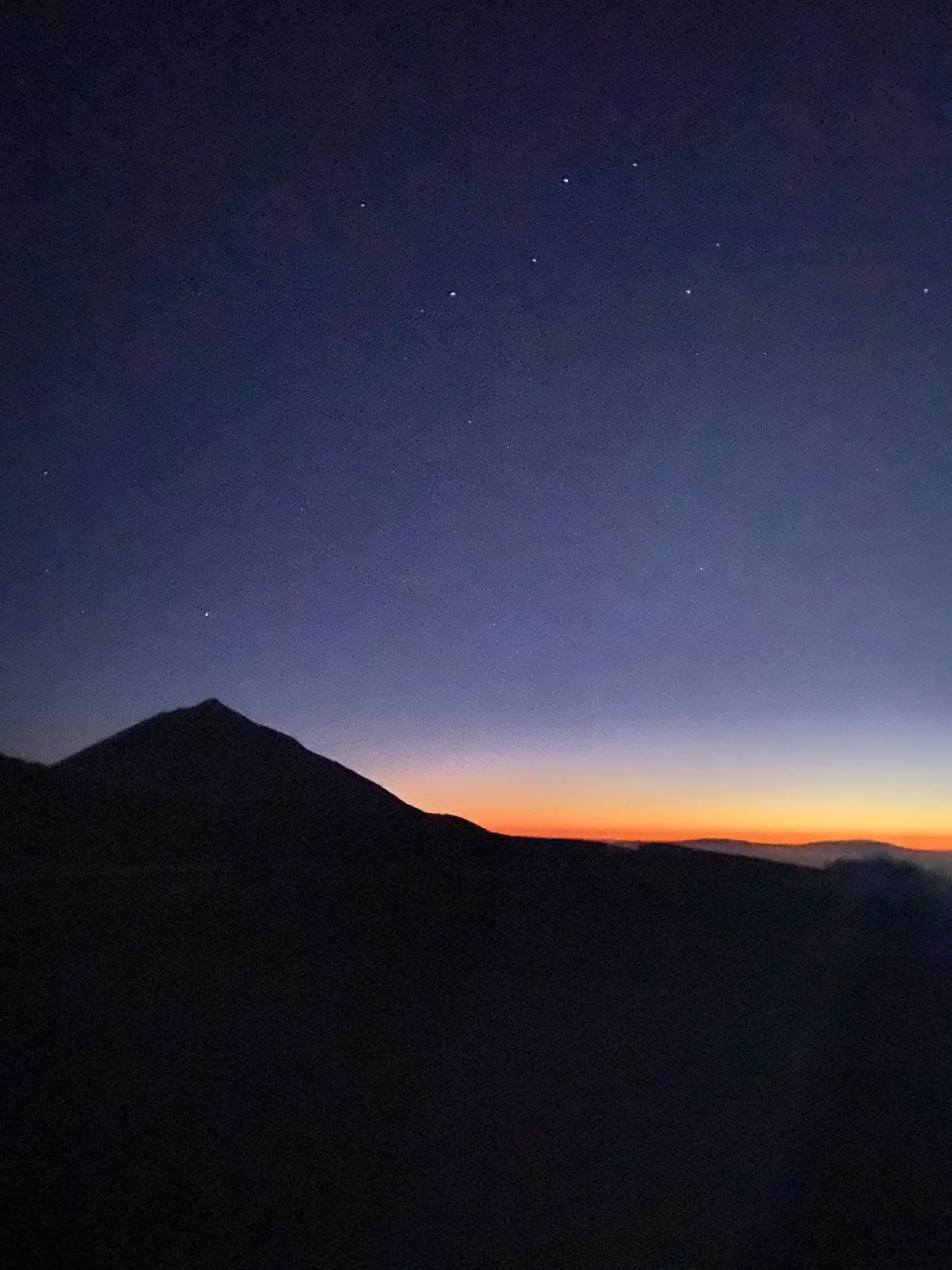 Silueta del Teide al atardecer con las primeras estrellas del cielo. Foto propia La Maleta Inquieta, agosto 2026.