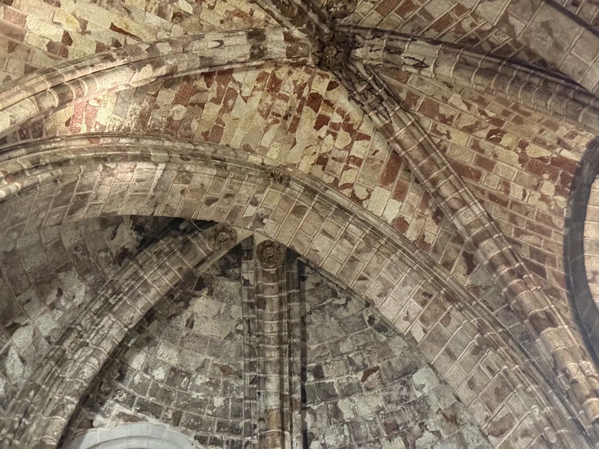 Nervios de una bóveda de la girola de la catedral de Ávila con las manchas rojas de la piedra sangrante. Foto propia La Maleta Inquieta, septiembre 2026.