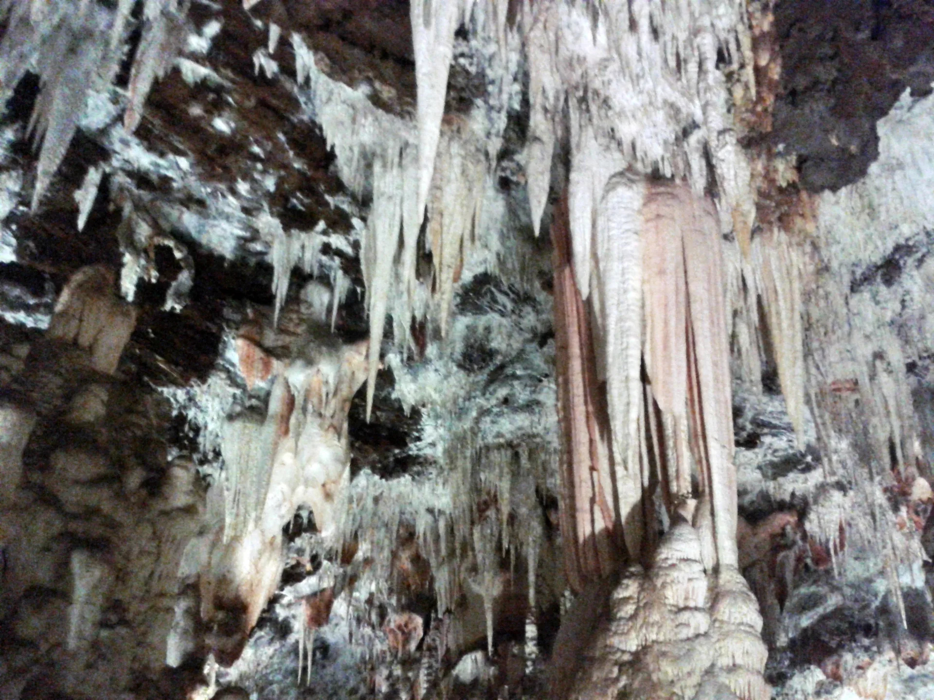 Sala de las Cuevas del Águila con estalactitas largas y blanquecinas y columnas de roca, en Ramacastañas, valle del Tiétar (Ávila)