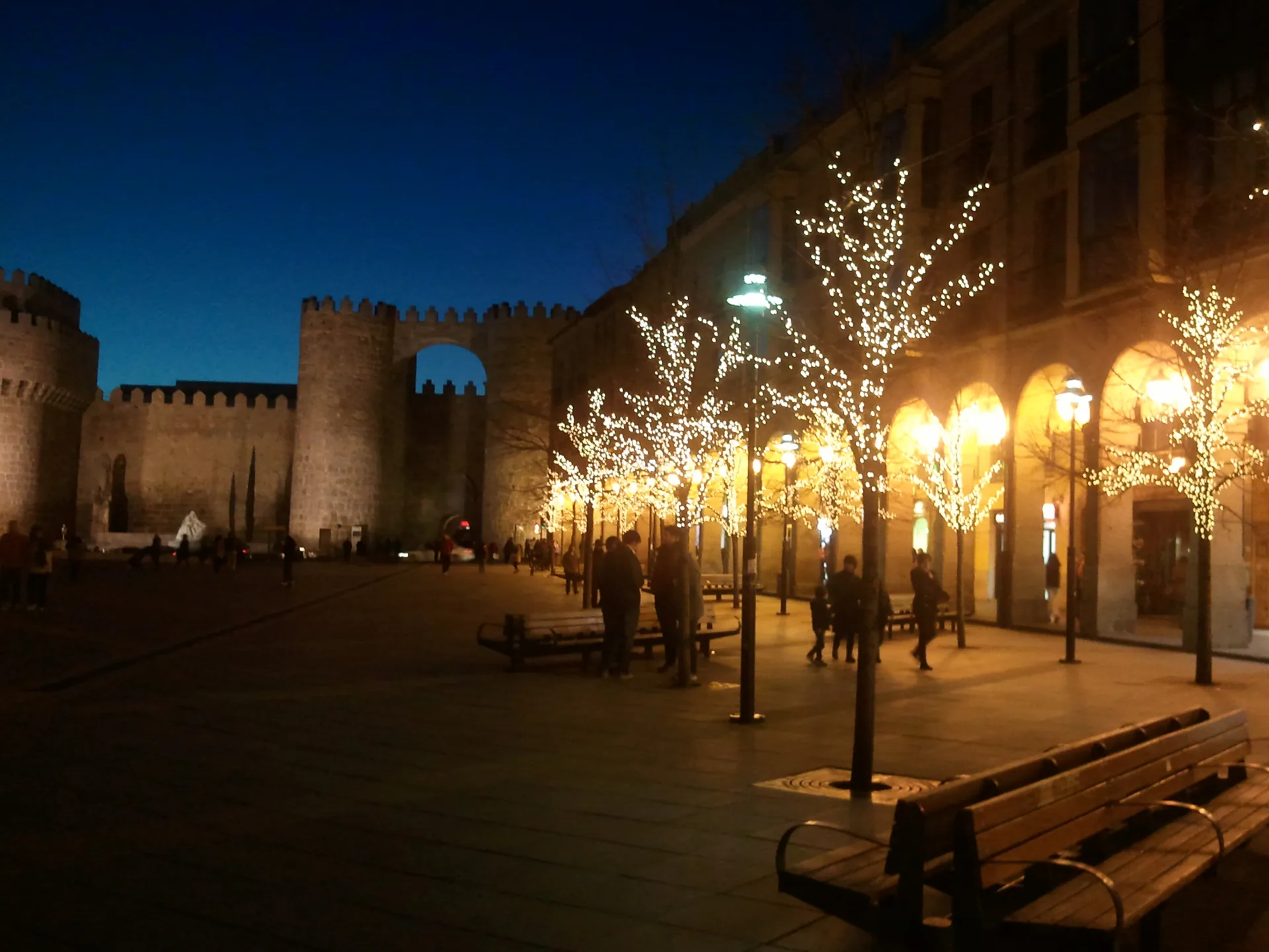 Plaza de Santa Teresa de Ávila de noche con los árboles iluminados por Navidad, los soportales y la muralla con la puerta del Alcázar