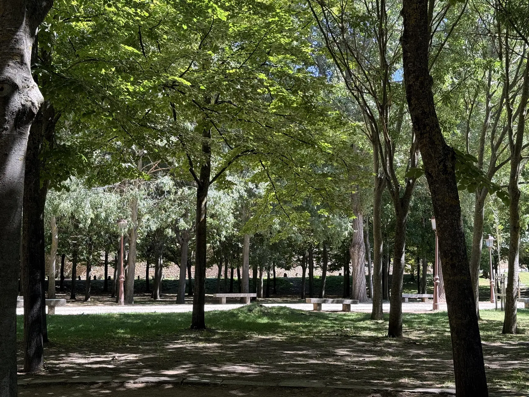 Parque arbolado con bancos de madera y muralla histórica al fondo entre los árboles, Foto propia La Maleta Inquieta, octubre 2026