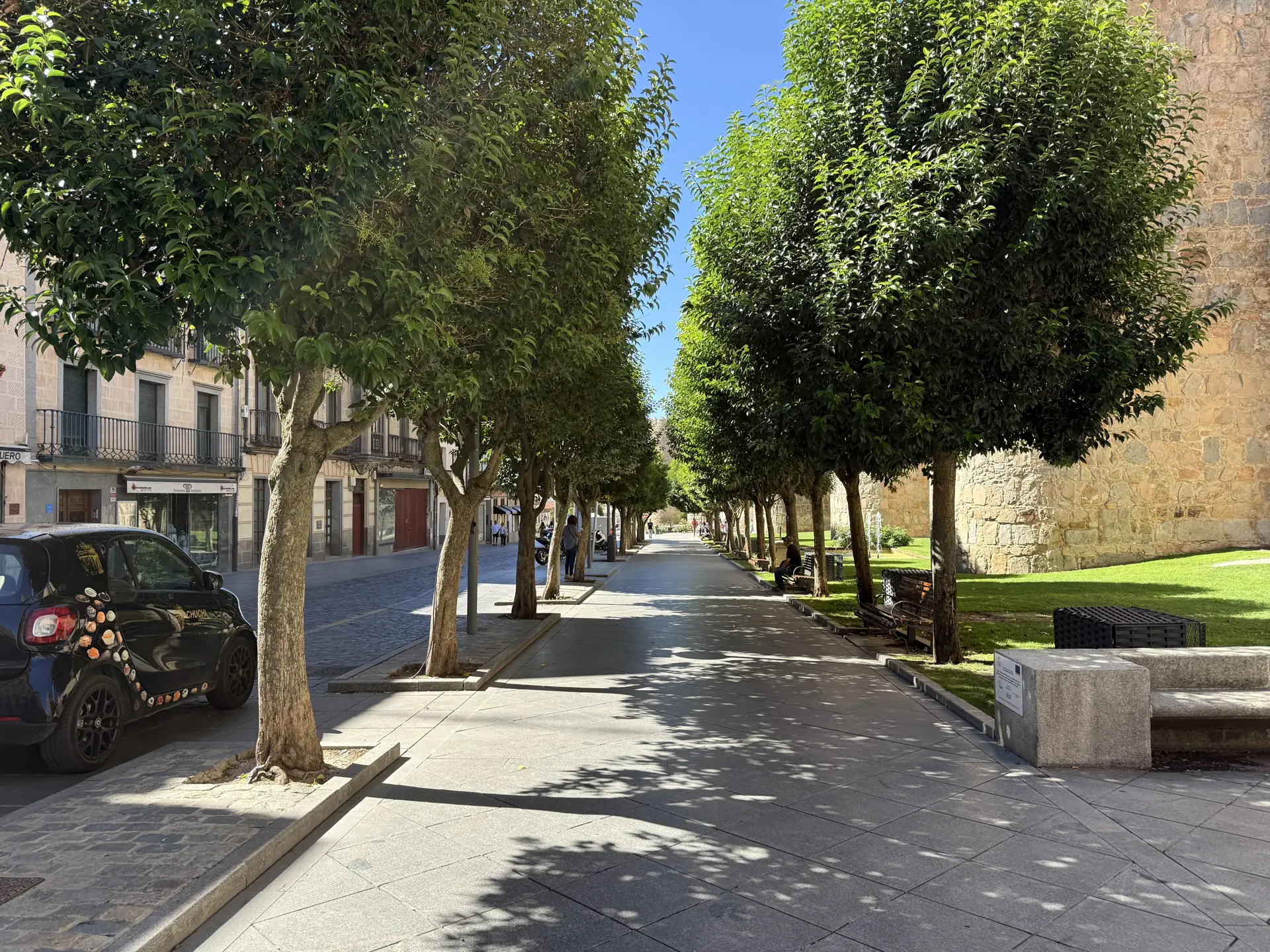 Paseo arbolado de la calle San Segundo en Ávila, con césped y la muralla a la derecha y balcones a la izquierda. Foto propia La Maleta Inquieta, septiembre 2026.