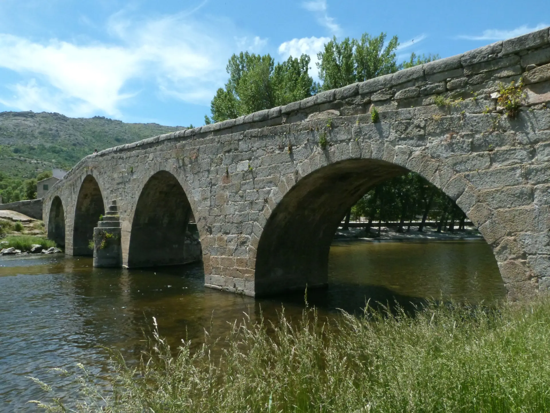 Puente de piedra de varios arcos sobre el río Alberche en Navaluenga, con árboles en la orilla y la sierra al fondo