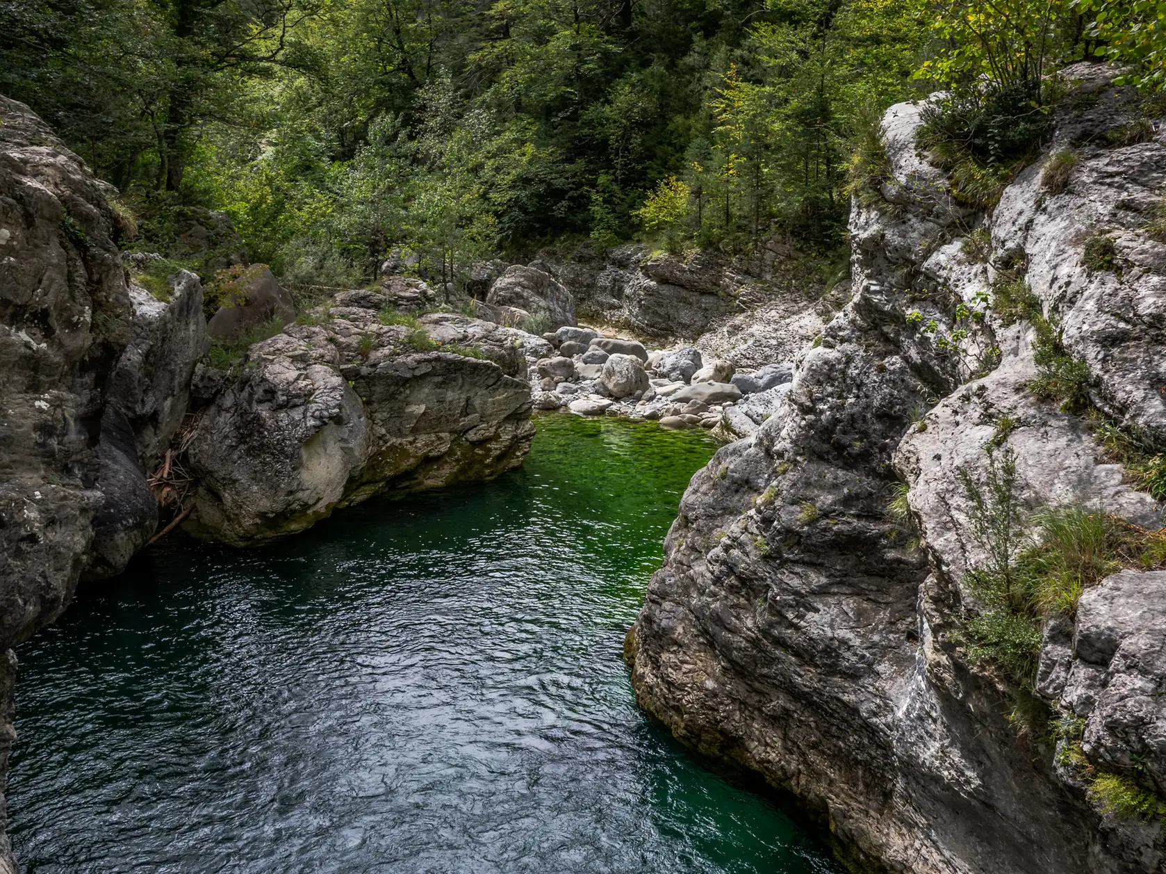 Poza de agua verde esmeralda del río Bellós en el cañón de Añisclo rodeada de rocas calizas y vegetación