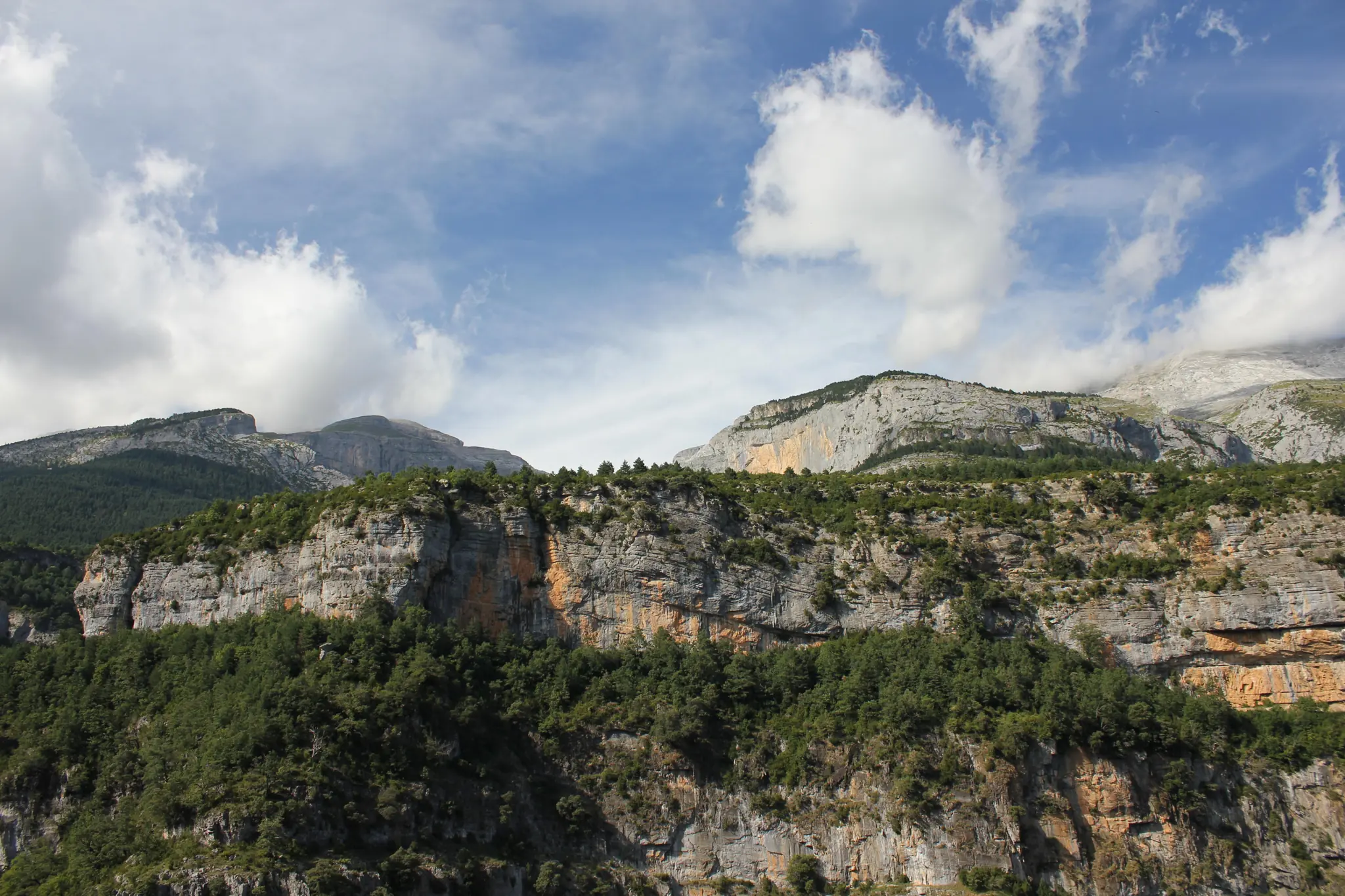 Imponentes paredes de roca caliza de la Garganta de Escuaín en el Parque Nacional de Ordesa cubiertas de vegetación bajo cielo azul