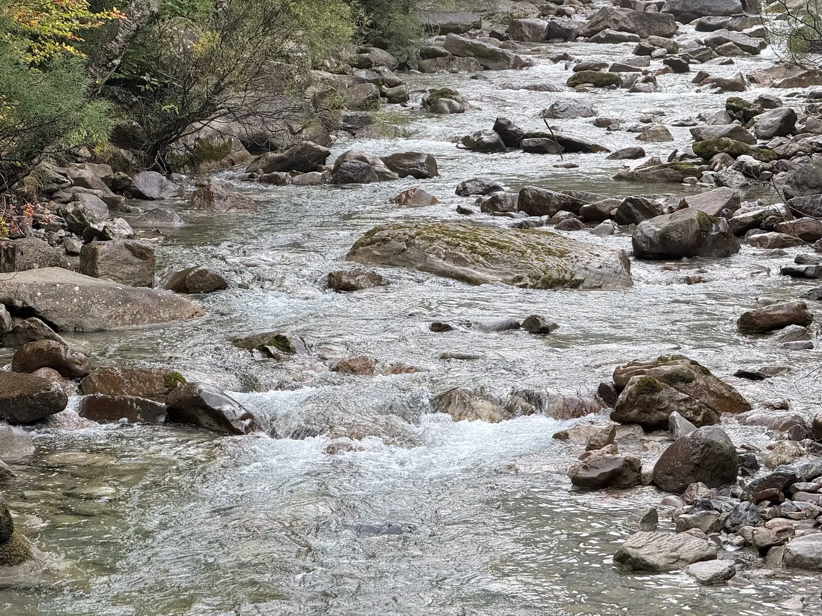 Río Arazas fluyendo entre grandes rocas con vegetación de ribera en el valle de Ordesa. Foto propia La Maleta Inquieta, octubre 2026