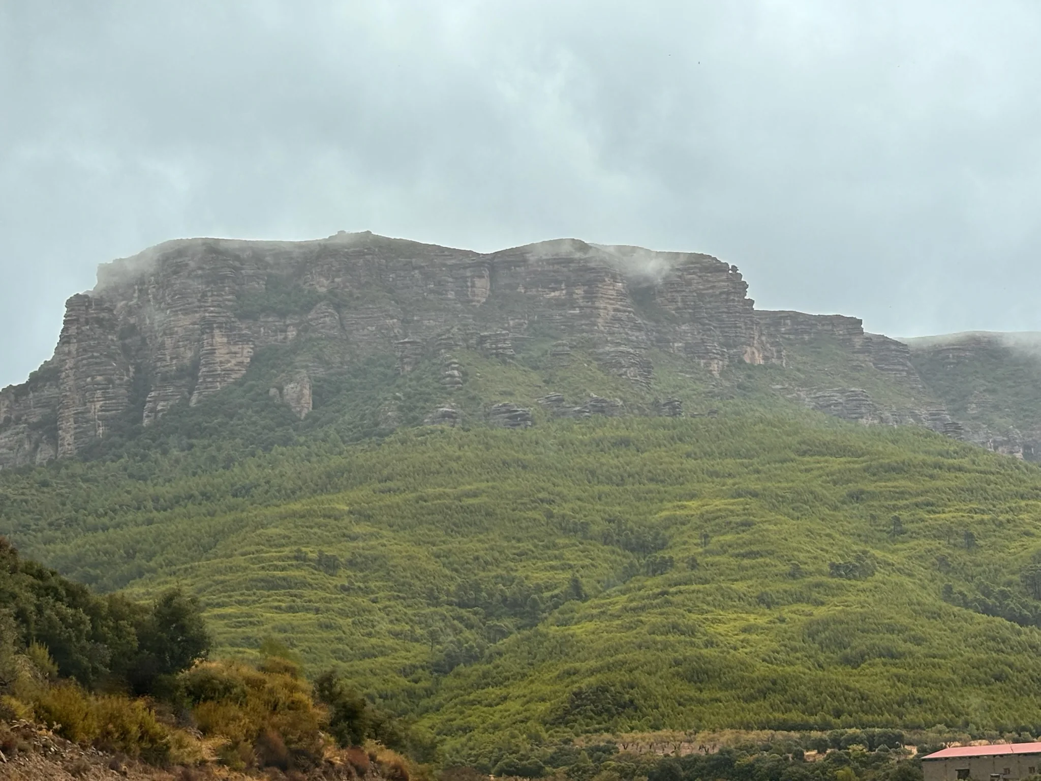 Sierra de cima plana envuelta en niebla baja sobre laderas verdes del Prepirineo de Huesca, camino de Loarre. Foto propia La Maleta Inquieta, octubre 2026